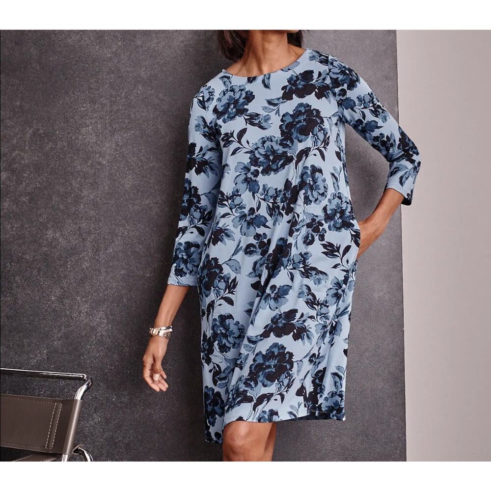 J Jill Dress Small Floral Wearever Stretch Knit Comfort Casual Cottage Blue